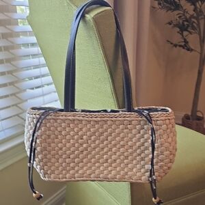 Straw Woven Purse With Black & White Polk A Dot Lining